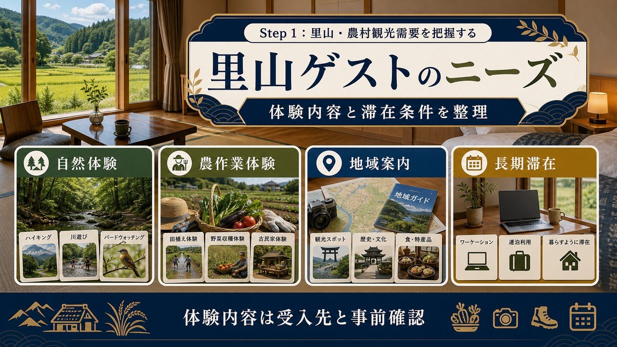 里山ゲストのニーズを自然体験、農作業体験、地域案内、長期滞在で整理した図