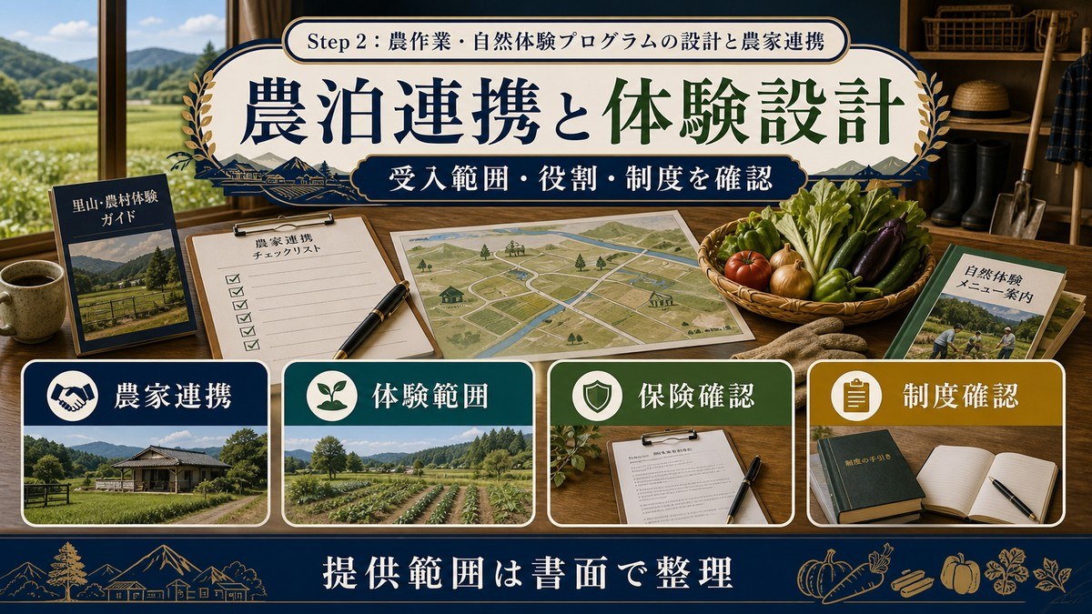 農泊連携と体験設計を農家連携、体験範囲、保険確認、制度確認で整理した図