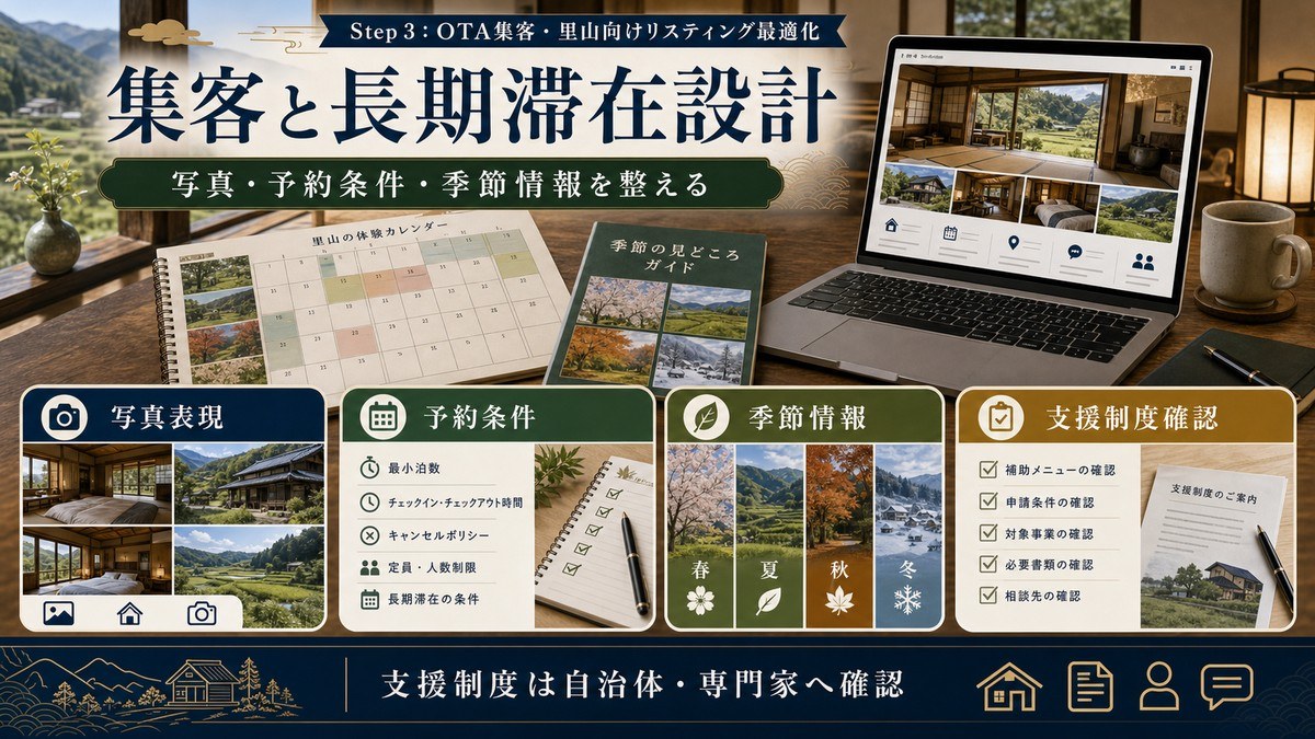 里山民泊の集客と長期滞在設計を写真表現、予約条件、季節情報、支援制度確認で示した図