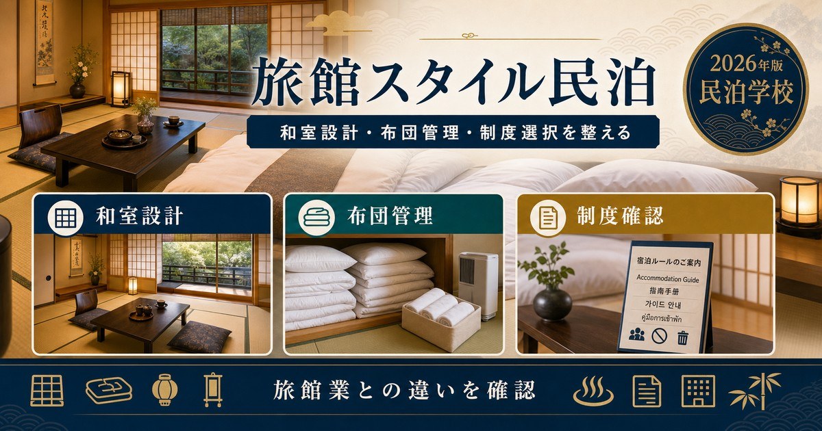 旅館スタイル民泊の和室設計、布団管理、制度確認を整理した図