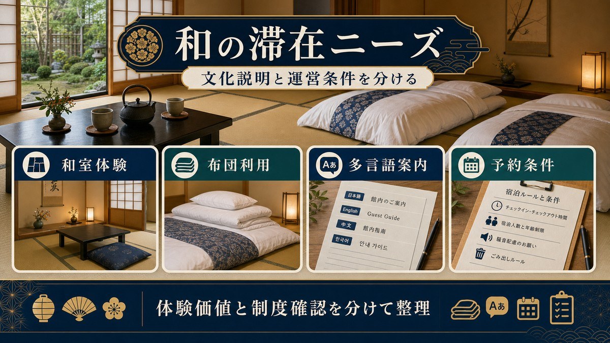 和の滞在ニーズを和室体験、布団利用、多言語案内、予約条件で整理した図