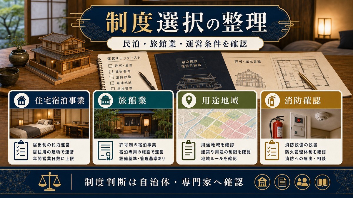 旅館スタイル民泊の制度選択を住宅宿泊事業、旅館業、用途地域、消防確認で整理した図