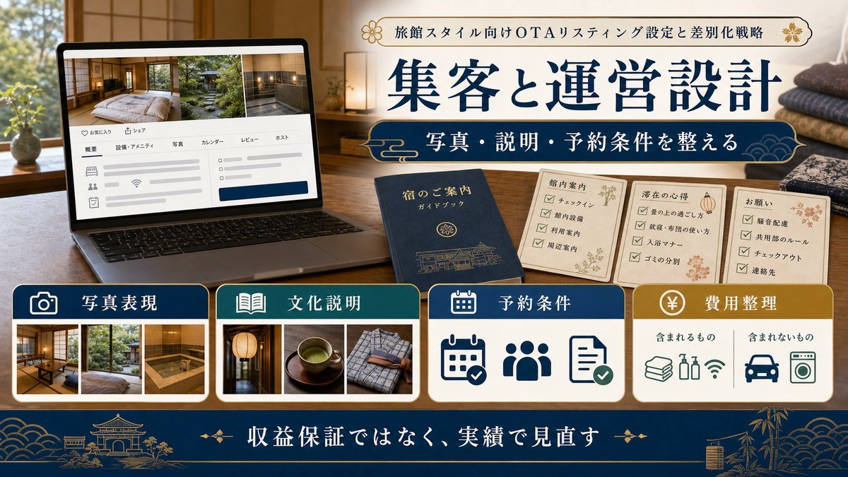 旅館スタイル民泊の集客と運営設計を写真表現、文化説明、予約条件、費用整理で示した図