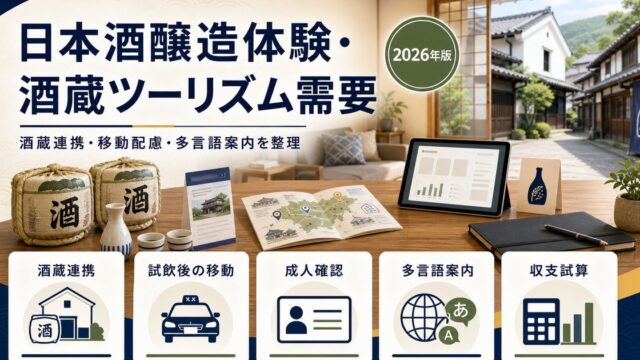 日本酒醸造体験・酒蔵ツーリズム需要に対応する民泊の酒蔵連携、移動配慮、成人確認、多言語案内、収支試算をまとめたアイキャッチ画像