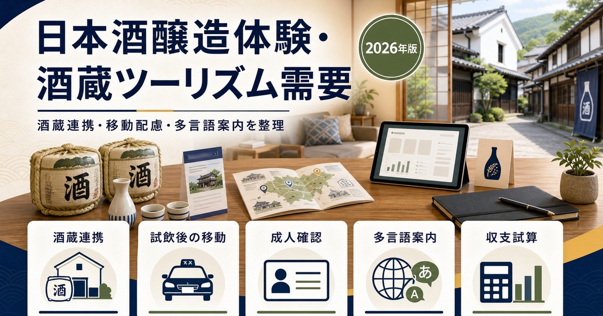 日本酒醸造体験・酒蔵ツーリズム需要に対応する民泊の酒蔵連携、移動配慮、成人確認、多言語案内、収支試算をまとめたアイキャッチ画像