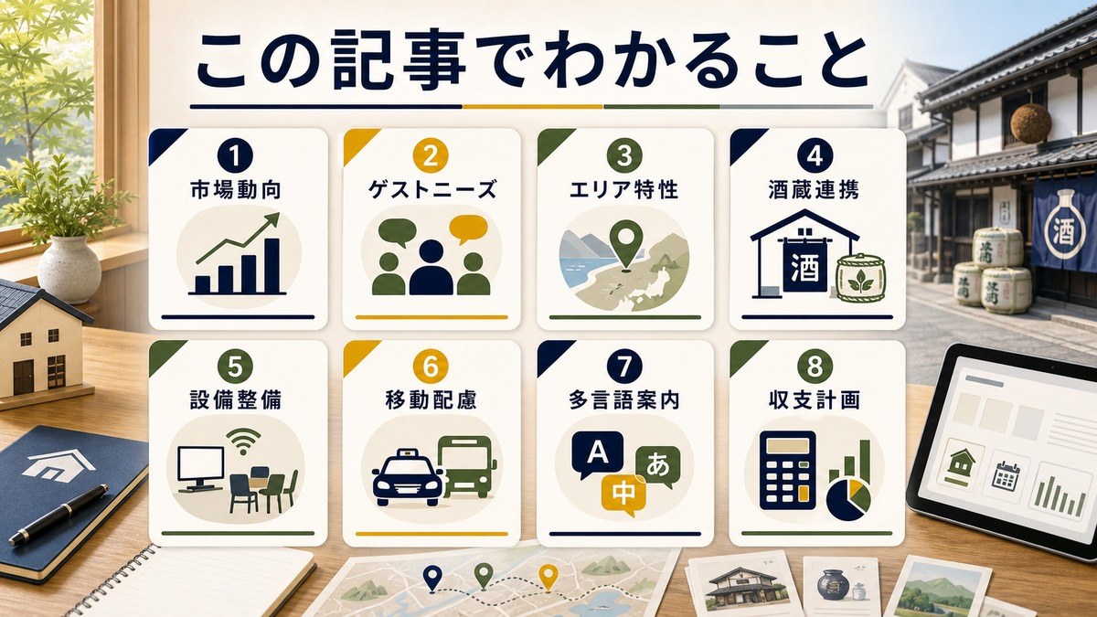 酒蔵ツーリズム民泊で学ぶ市場動向、ゲストニーズ、エリア特性、酒蔵連携、設備整備、移動配慮、多言語案内、収支計画の図解