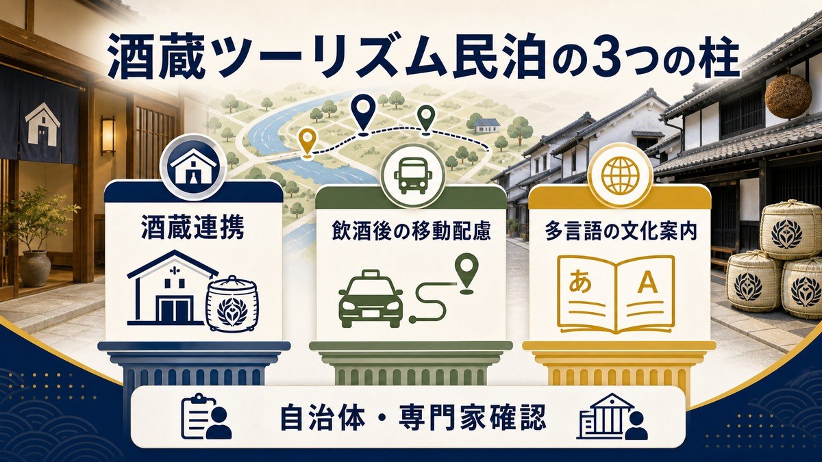 酒蔵ツーリズム民泊の3つの柱として酒蔵連携、飲酒後の移動配慮、多言語の文化案内、自治体専門家確認を整理した図解