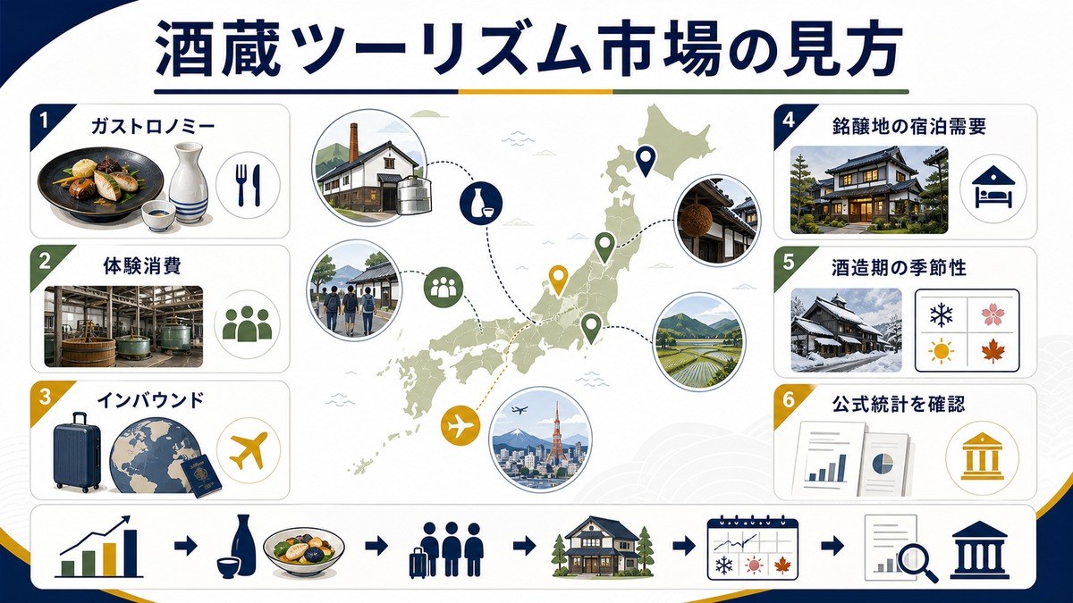 酒蔵ツーリズム市場をガストロノミー、体験消費、インバウンド、銘醸地の宿泊需要、酒造期の季節性、公式統計確認で整理した図解