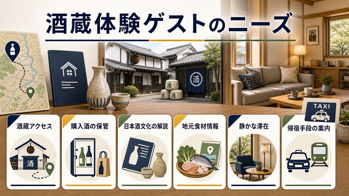 酒蔵体験ゲストのニーズを酒蔵アクセス、購入酒の保管、日本酒文化の解説、地元食材情報、静かな滞在、帰宿手段で整理した図解