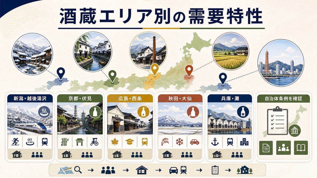 酒蔵エリア別の需要特性を新潟越後湯沢、京都伏見、広島西条、秋田大仙、兵庫灘、自治体条例確認で整理した図解