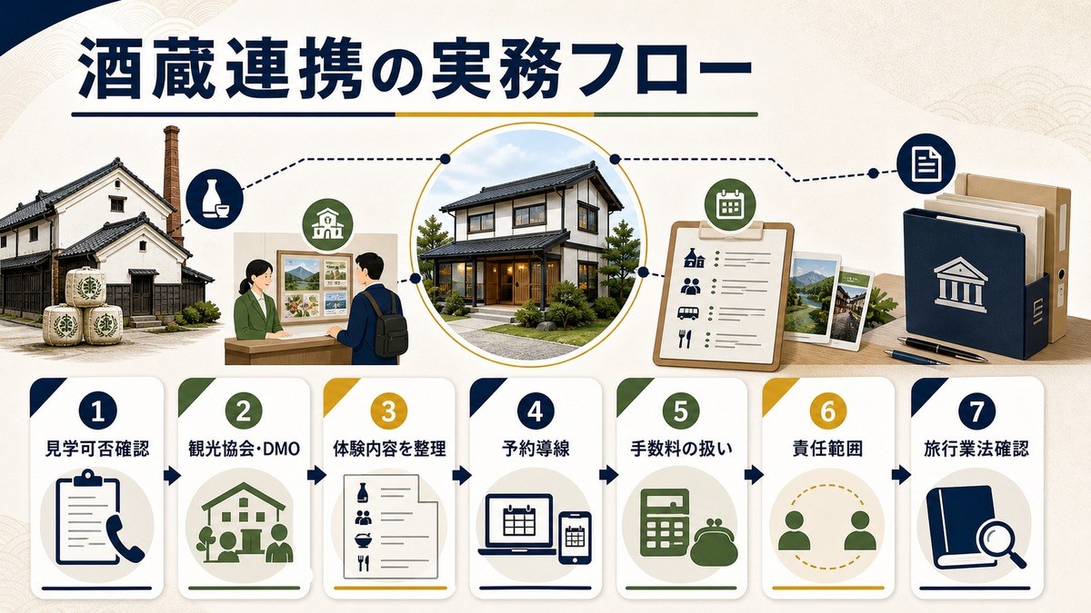 酒蔵連携の実務フローを見学可否確認、観光協会DMO、体験内容、予約導線、手数料、責任範囲、旅行業法確認で整理した図解