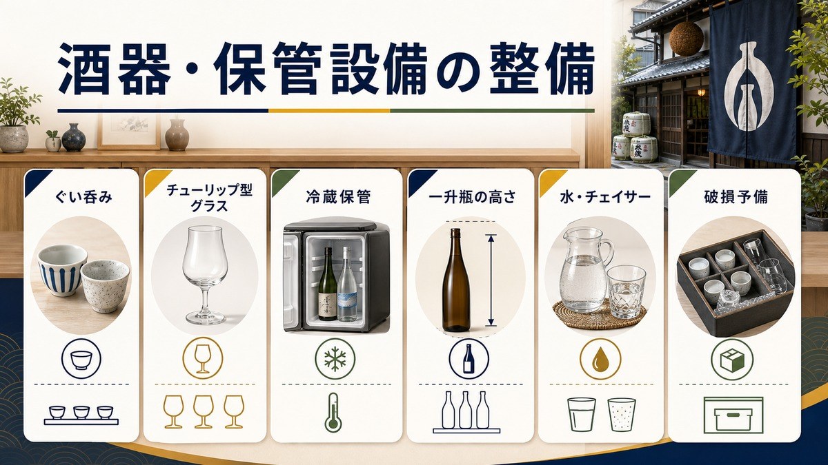 酒器と保管設備をぐい呑み、チューリップ型グラス、冷蔵保管、一升瓶の高さ、水チェイサー、破損予備で整理した図解