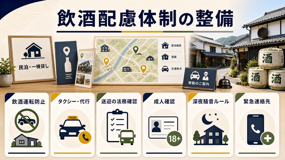 飲酒配慮体制を飲酒運転防止、タクシー代行、送迎の法務確認、成人確認、深夜騒音ルール、緊急連絡先で整理した図解