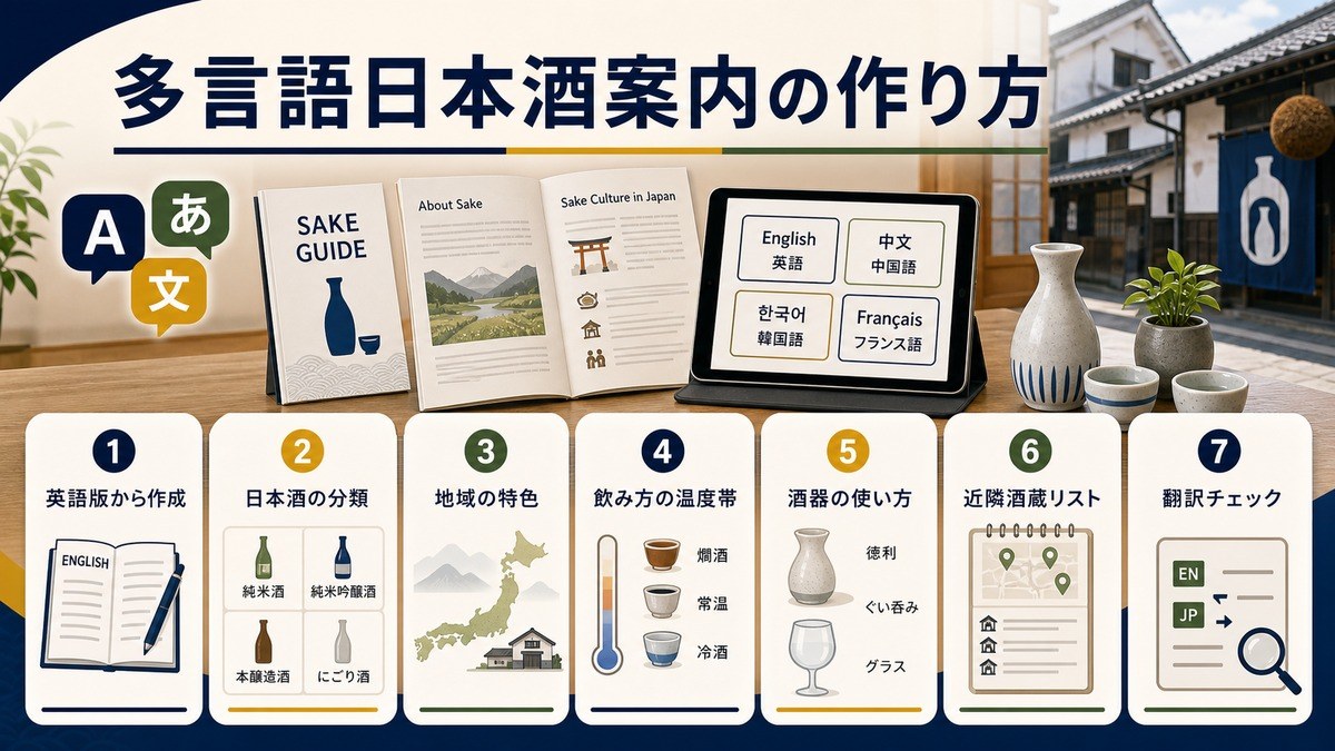 多言語日本酒案内の作り方を英語版作成、日本酒分類、地域の特色、飲み方の温度帯、酒器の使い方、近隣酒蔵リスト、翻訳チェックで整理した図解
