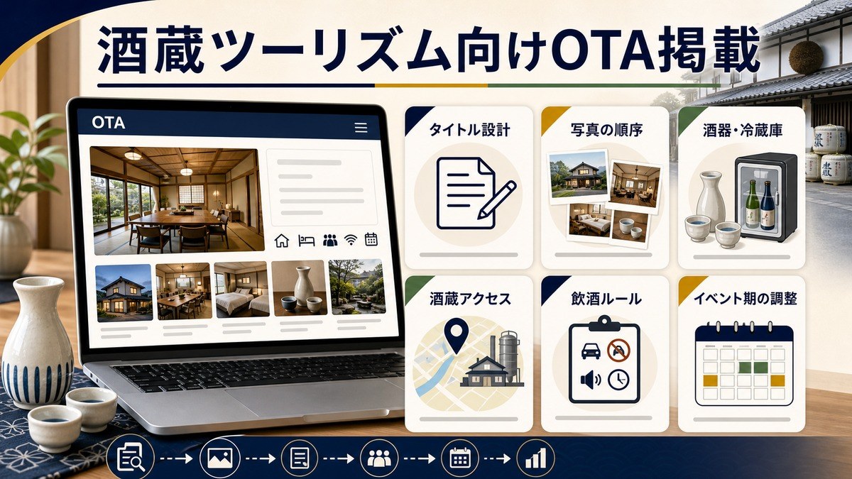酒蔵ツーリズム向けOTA掲載をタイトル設計、写真の順序、酒器冷蔵庫、酒蔵アクセス、飲酒ルール、イベント期の調整で整理した図解