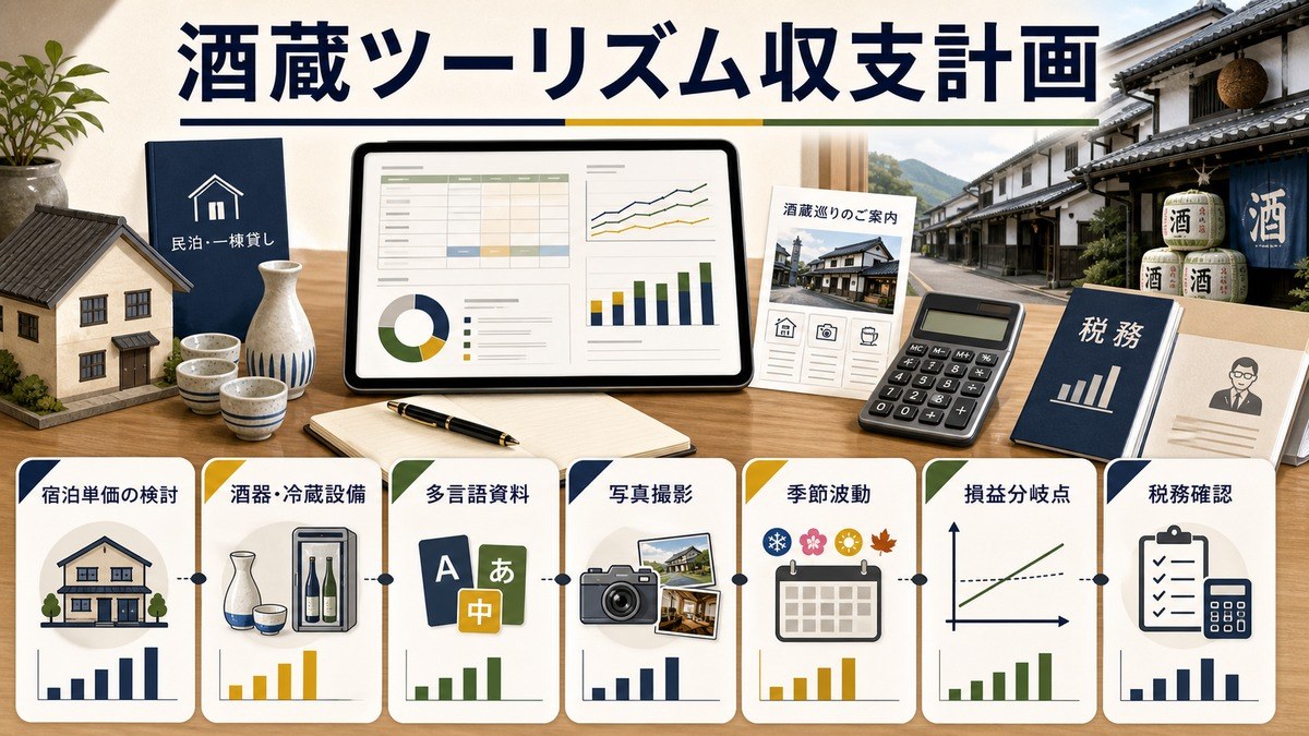 酒蔵ツーリズム収支計画を宿泊単価、酒器冷蔵設備、多言語資料、写真撮影、季節波動、損益分岐点、税務確認で整理した図解