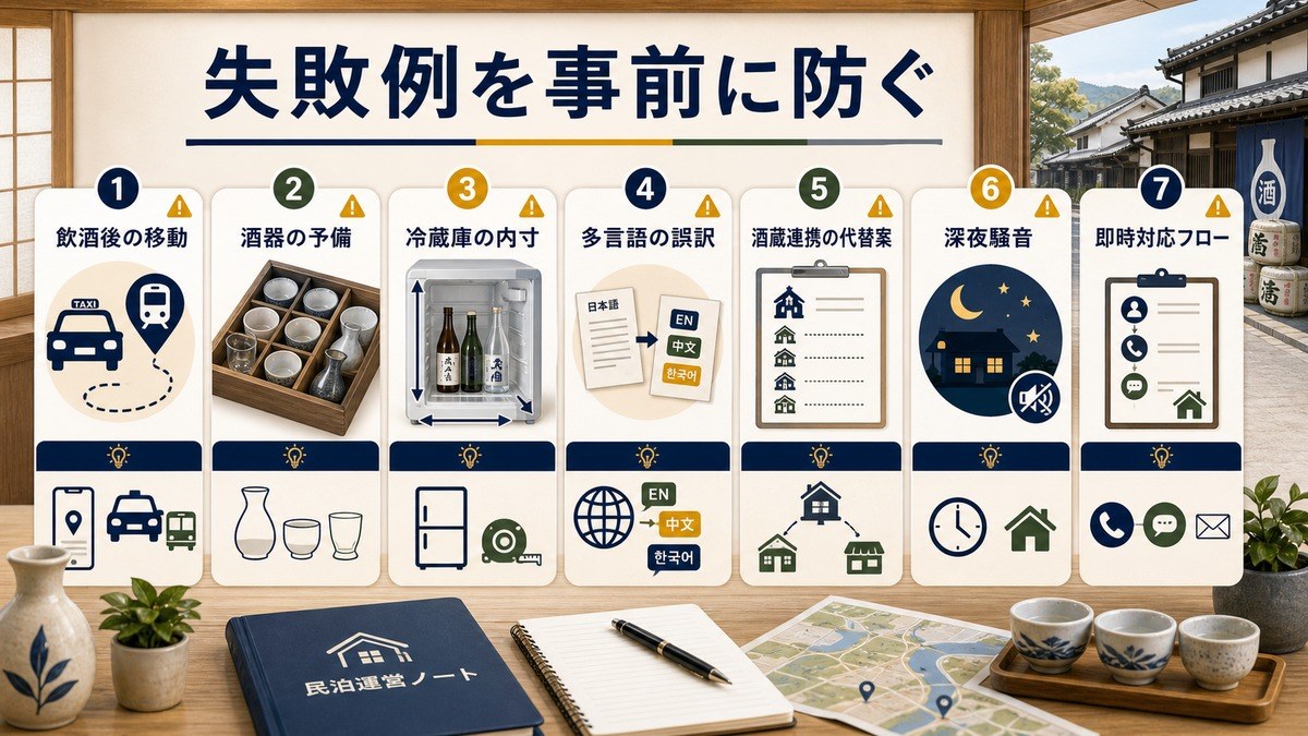 酒蔵ツーリズム民泊の失敗例を飲酒後の移動、酒器の予備、冷蔵庫の内寸、多言語の誤訳、酒蔵連携の代替案、深夜騒音、即時対応フローで防ぐ図解