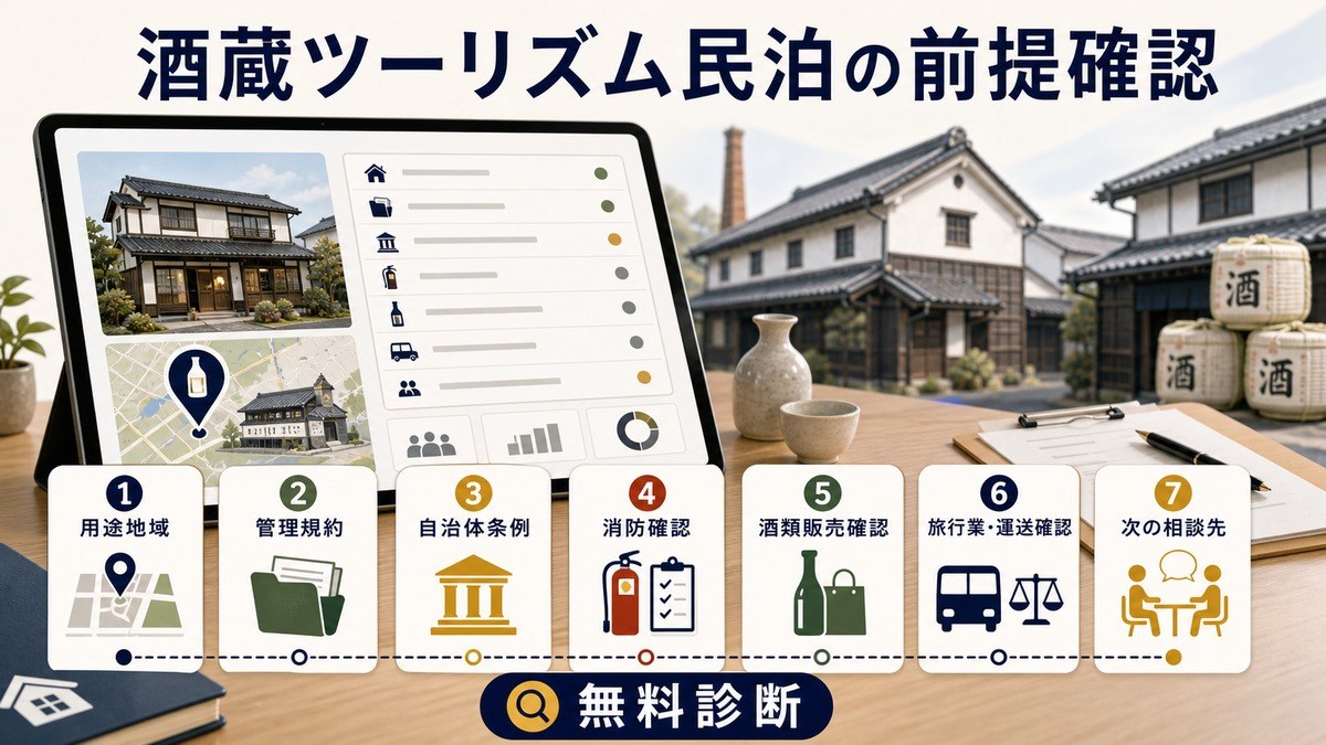 酒蔵ツーリズム民泊の前提確認を用途地域、管理規約、自治体条例、消防確認、酒類販売確認、旅行業運送確認、次の相談先で整理した無料診断CTA画像