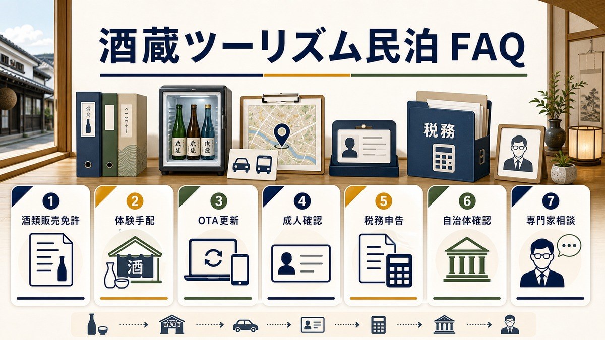 酒蔵ツーリズム民泊のFAQを酒類販売免許、体験手配、OTA更新、成人確認、税務申告、自治体確認、専門家相談で整理した図解