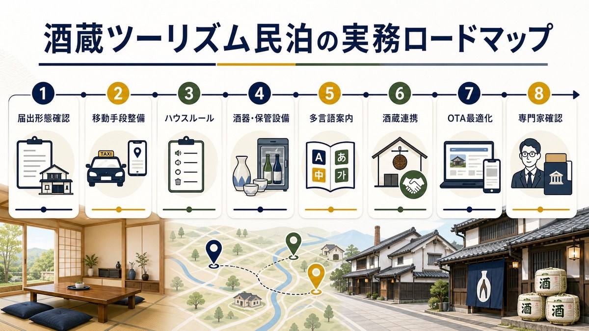 酒蔵ツーリズム民泊の実務ロードマップを届出形態確認、移動手段整備、ハウスルール、酒器保管設備、多言語案内、酒蔵連携、OTA最適化、専門家確認で整理した図解