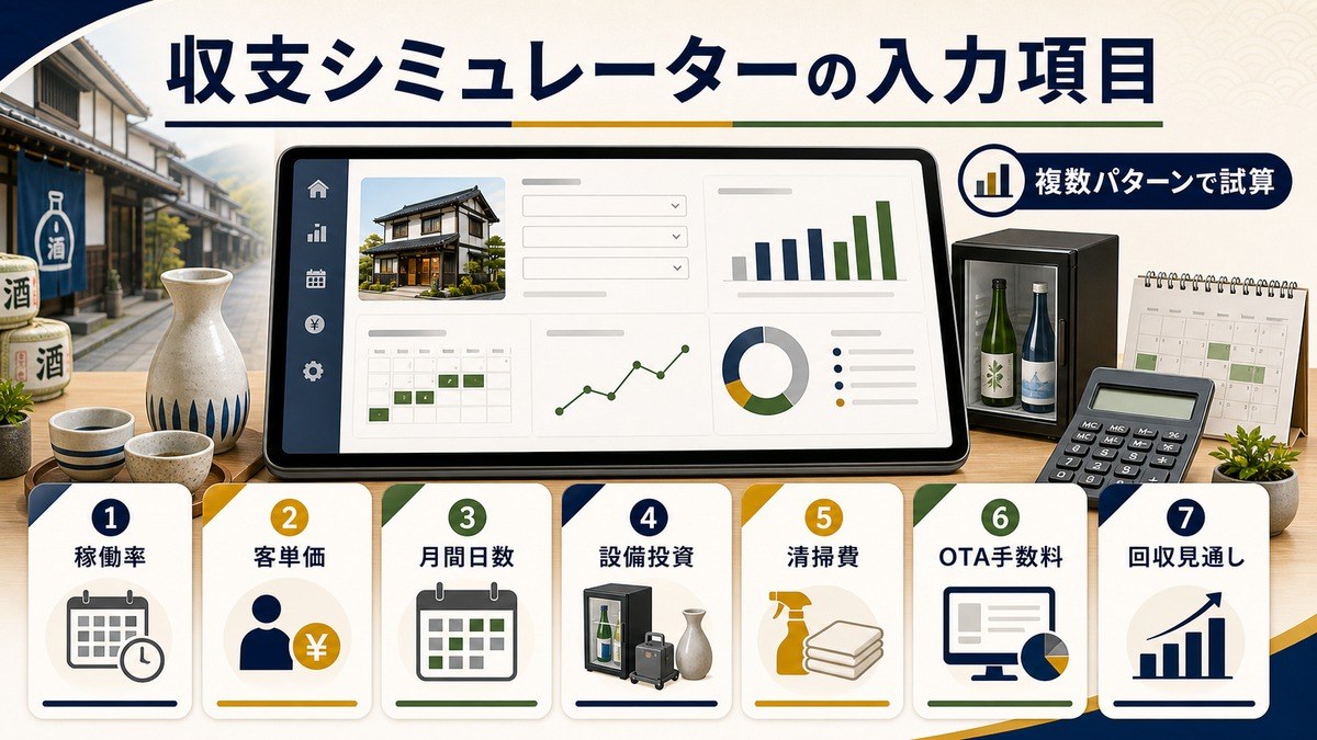 収支シミュレーターの入力項目を稼働率、客単価、月間日数、設備投資、清掃費、OTA手数料、回収見通しで整理した図解