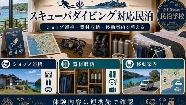 スキューバダイビング対応民泊のショップ連携、器材収納、移動案内を整理した図