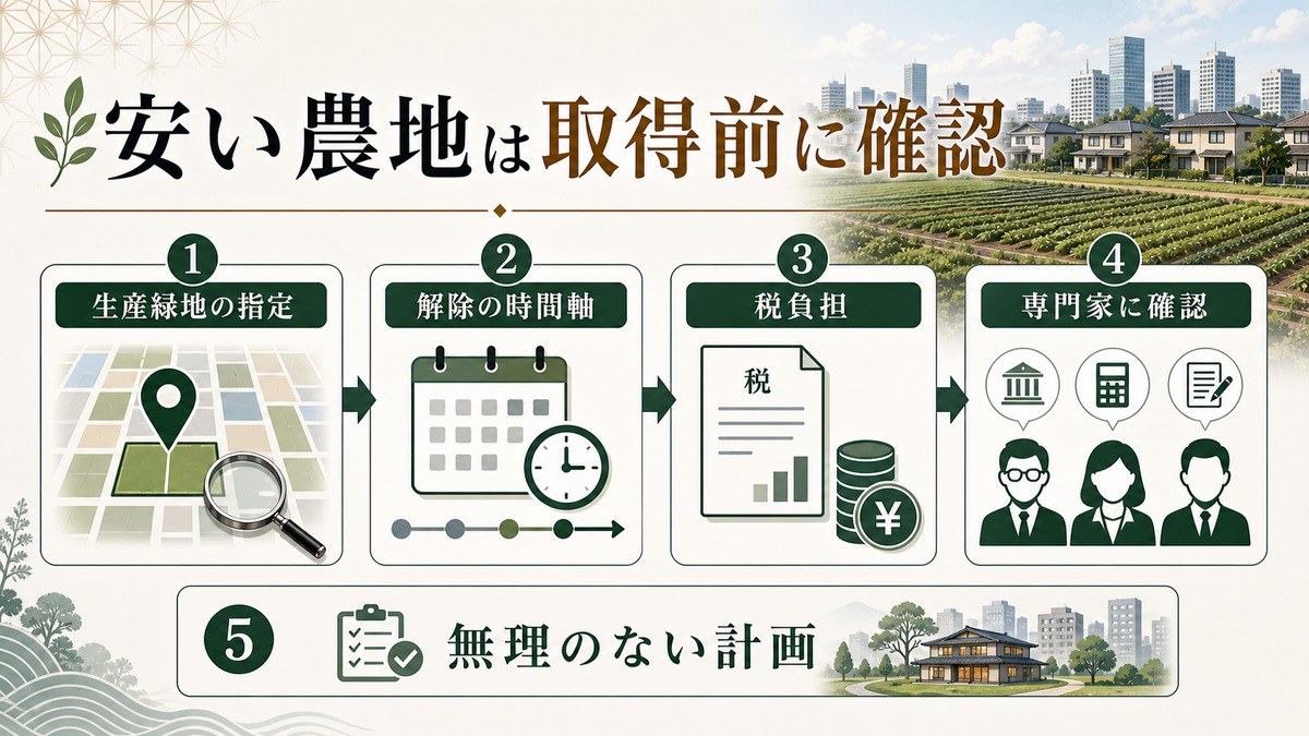 まとめ——「市街化区域の安い農地は、生産緑地でないか取得前に確認」の要点を整理した図解