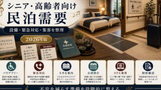 シニア・高齢者向け民泊需要に対応する設備、緊急対応、大きな案内、長期滞在、OTA集客、制度確認をまとめたアイキャッチ画像