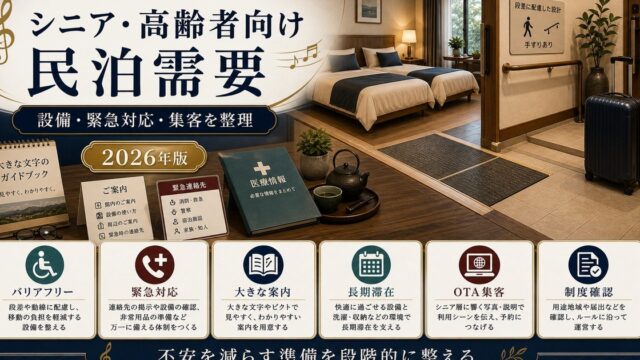 シニア・高齢者向け民泊需要に対応する設備、緊急対応、大きな案内、長期滞在、OTA集客、制度確認をまとめたアイキャッチ画像