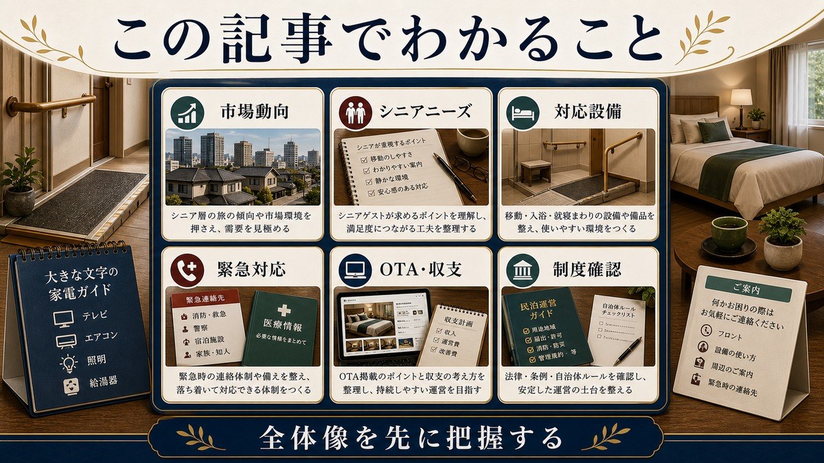 シニア・高齢者向け民泊対応の記事全体で扱う市場動向、シニアニーズ、対応設備、緊急対応、OTA・収支、制度確認をまとめた図解