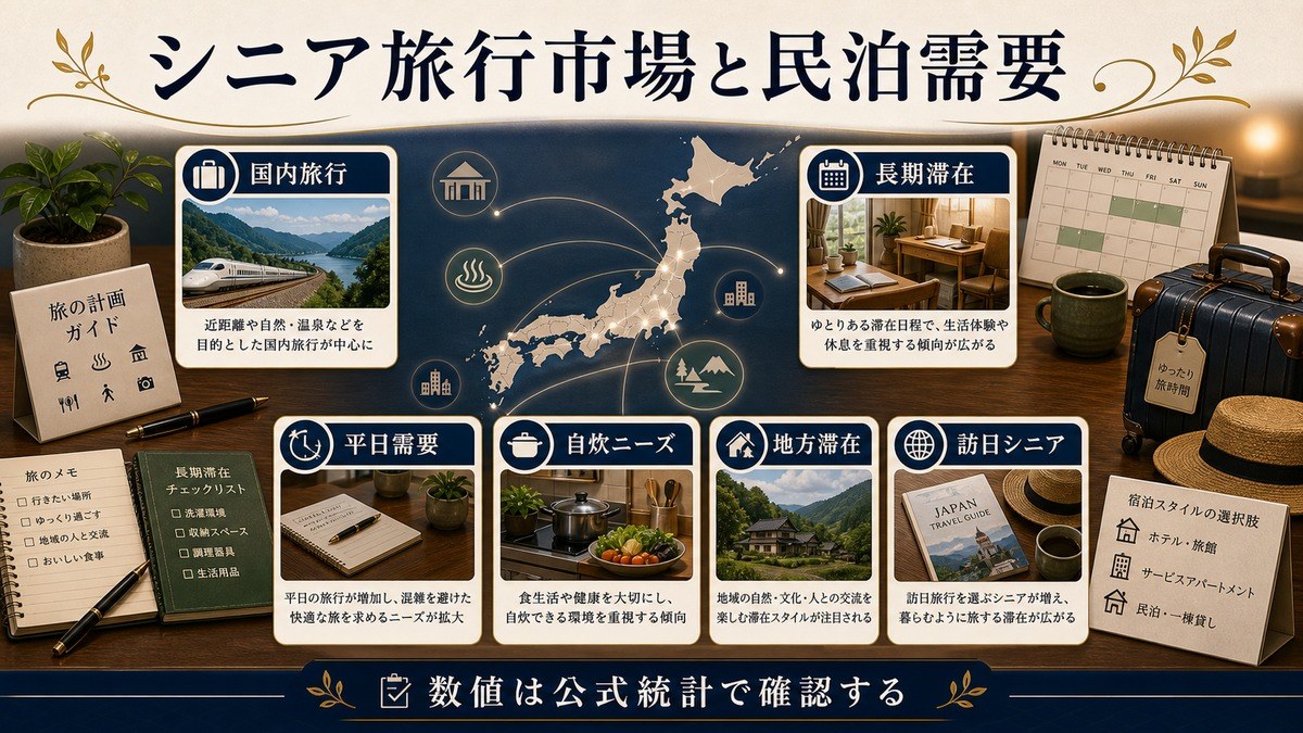 シニア旅行市場と民泊需要を国内旅行、長期滞在、平日需要、自炊ニーズ、地方滞在、訪日シニアで整理した図解