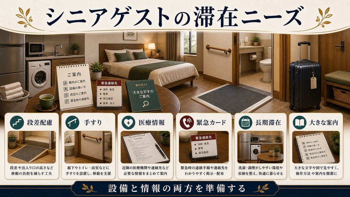 シニアゲストの滞在ニーズを段差配慮、手すり、医療情報、緊急カード、長期滞在、大きな案内で整理した図解
