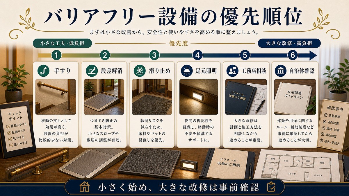 バリアフリー設備投資の優先順位を手すり、段差解消、滑り止め、足元照明、工務店相談、自治体確認で整理した図解