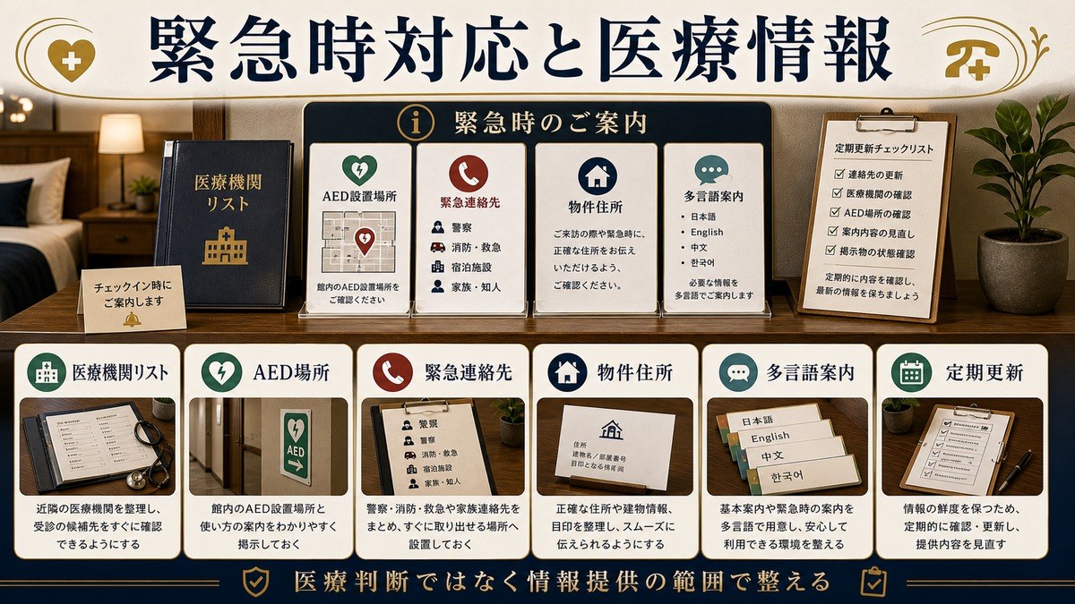 緊急時対応と医療情報の整備を医療機関リスト、AED場所、緊急連絡先、物件住所、多言語案内、定期更新で整理した図解