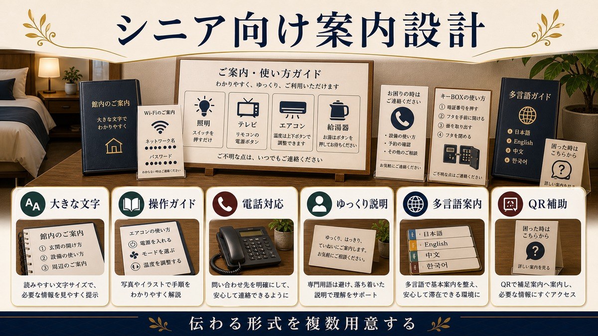 シニア向け案内設計を大きな文字、操作ガイド、電話対応、ゆっくり説明、多言語案内、QR補助で整理した図解