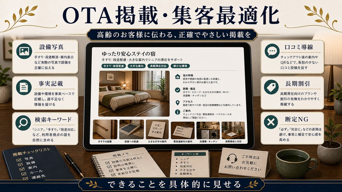 シニア向けOTA掲載と集客最適化を設備写真、事実記載、検索キーワード、口コミ導線、長期割引、断定NGで整理した図解
