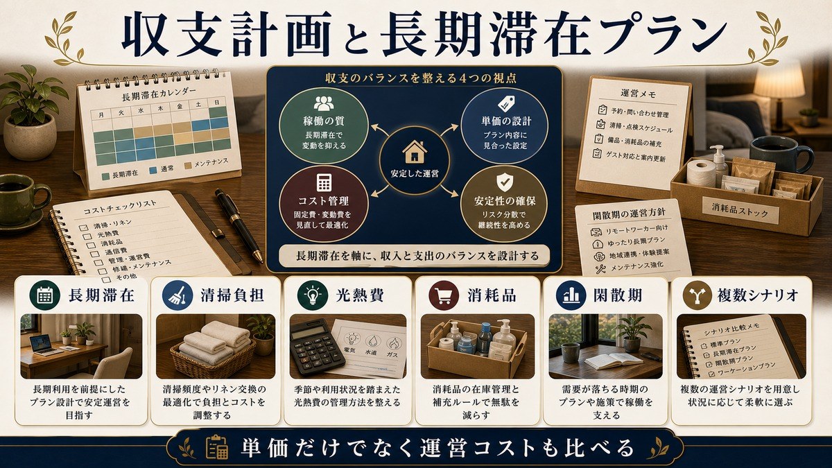 収支計画と長期滞在プランを長期滞在、清掃負担、光熱費、消耗品、閑散期、複数シナリオで整理した図解
