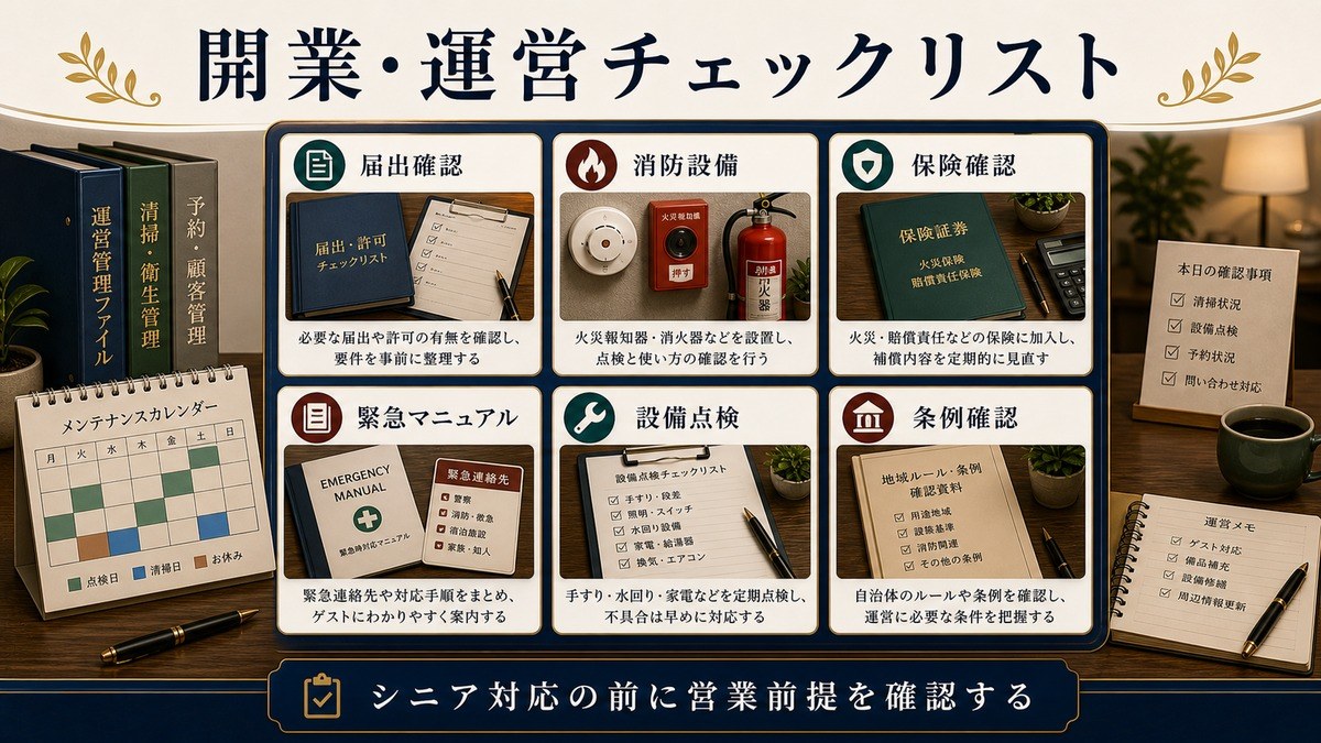開業と運営の実務チェックを届出確認、消防設備、保険確認、緊急マニュアル、設備点検、条例確認で整理した図解