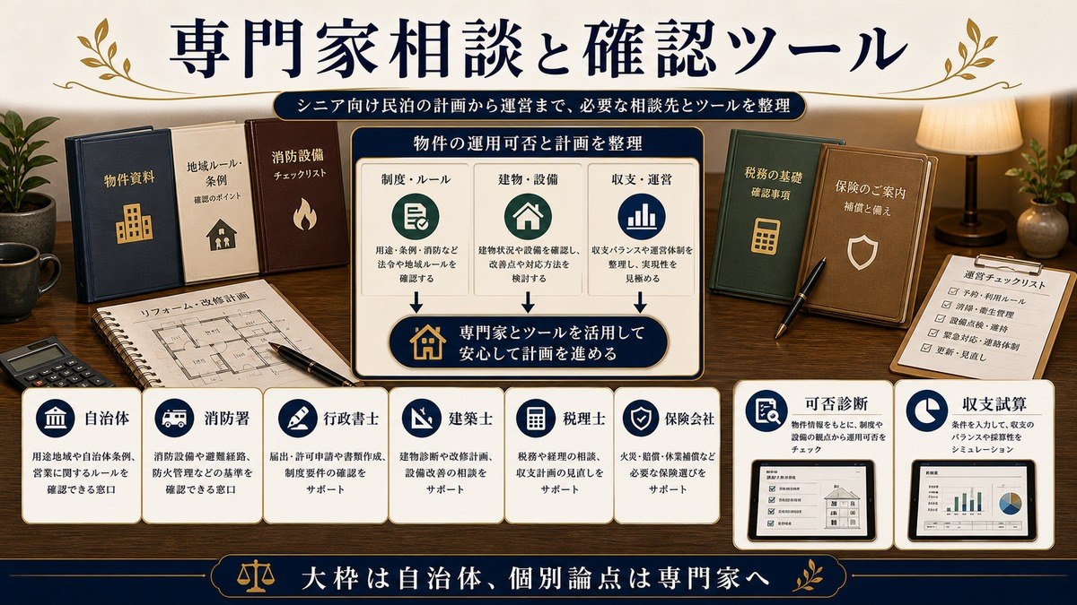 専門家相談と確認ツールを自治体、消防署、行政書士、建築士、税理士、保険会社、可否診断、収支試算で整理した図解