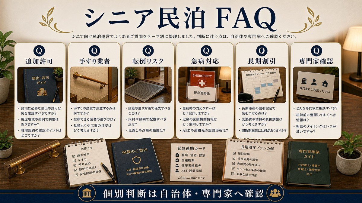 シニア民泊のFAQを追加許可、手すり業者、転倒リスク、急病対応、長期割引、専門家確認で整理した図解