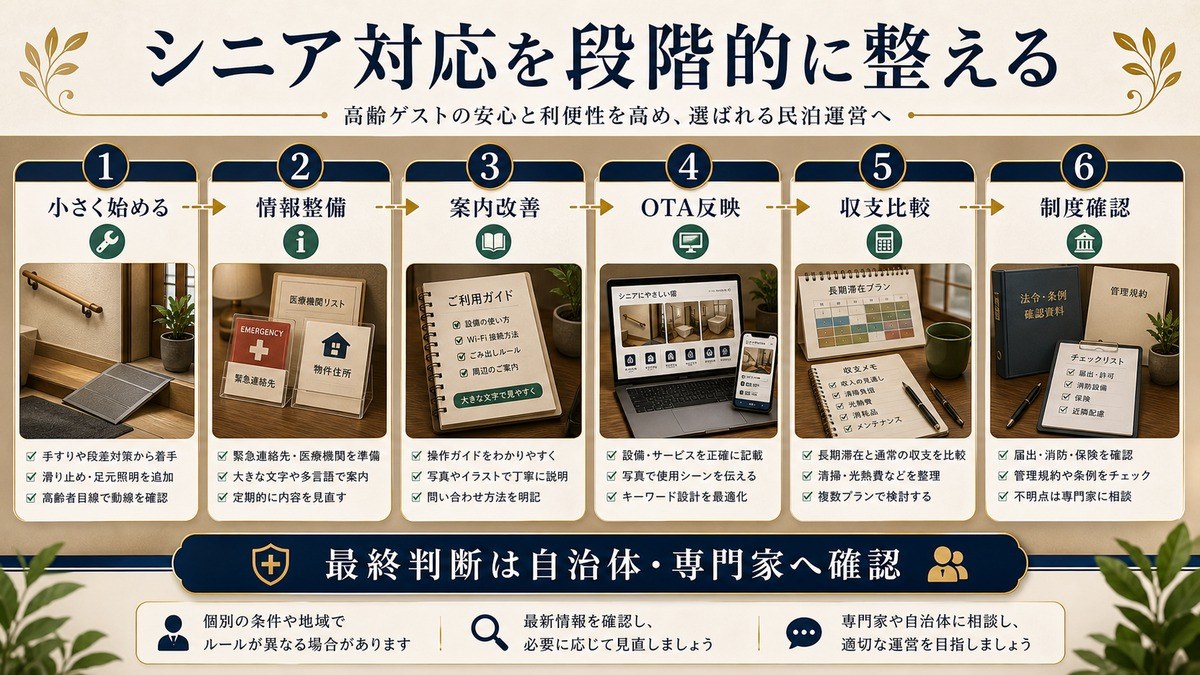 シニア対応を段階的に整える手順を小さく始める、情報整備、案内改善、OTA反映、収支比較、制度確認で整理した図解