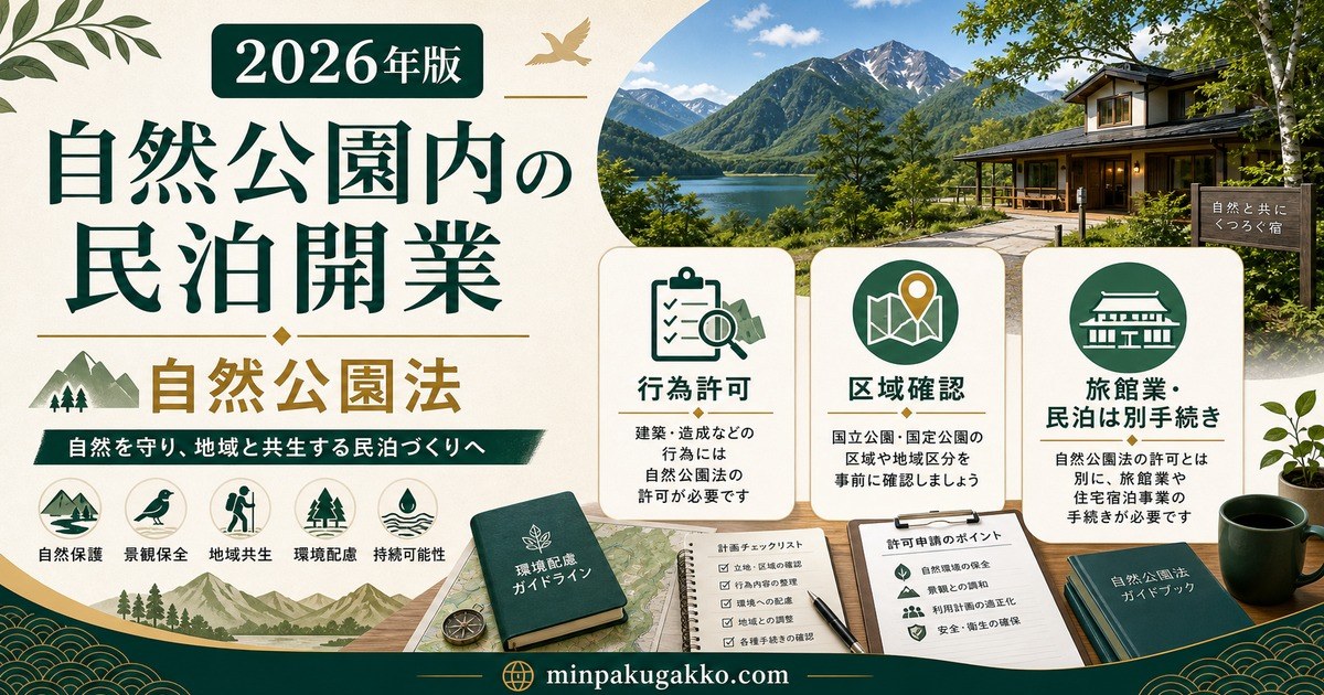 自然公園内の民泊開業で自然公園法の行為許可・地域区分・旅館業許可・民泊届出を整理したアイキャッチ