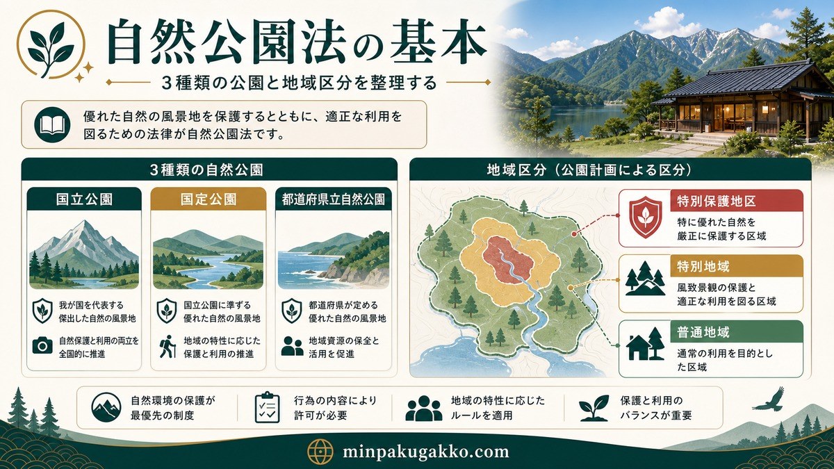 自然公園法の国立公園・国定公園・都道府県立自然公園と地域区分を整理した図