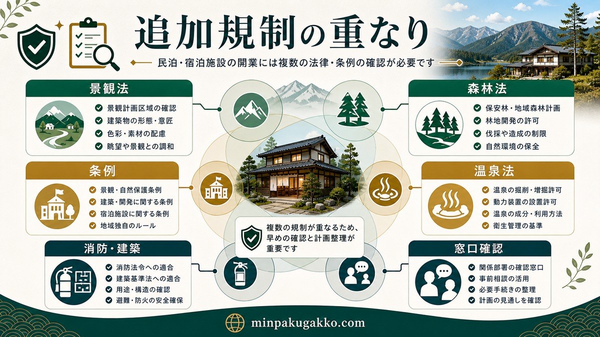 自然公園法に加えて景観法・森林法・消防建築・温泉法・窓口相談など追加規制を確認する図