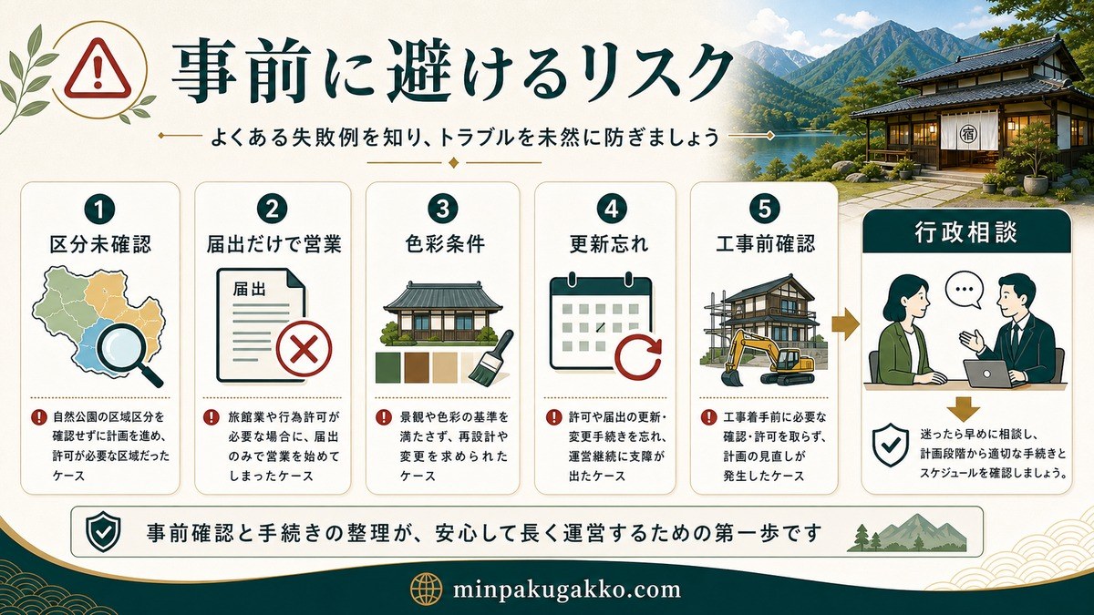 自然公園エリアの民泊開業で区分未確認・届出だけの営業・色彩条件違反・工事着工・行政相談不足を避ける図