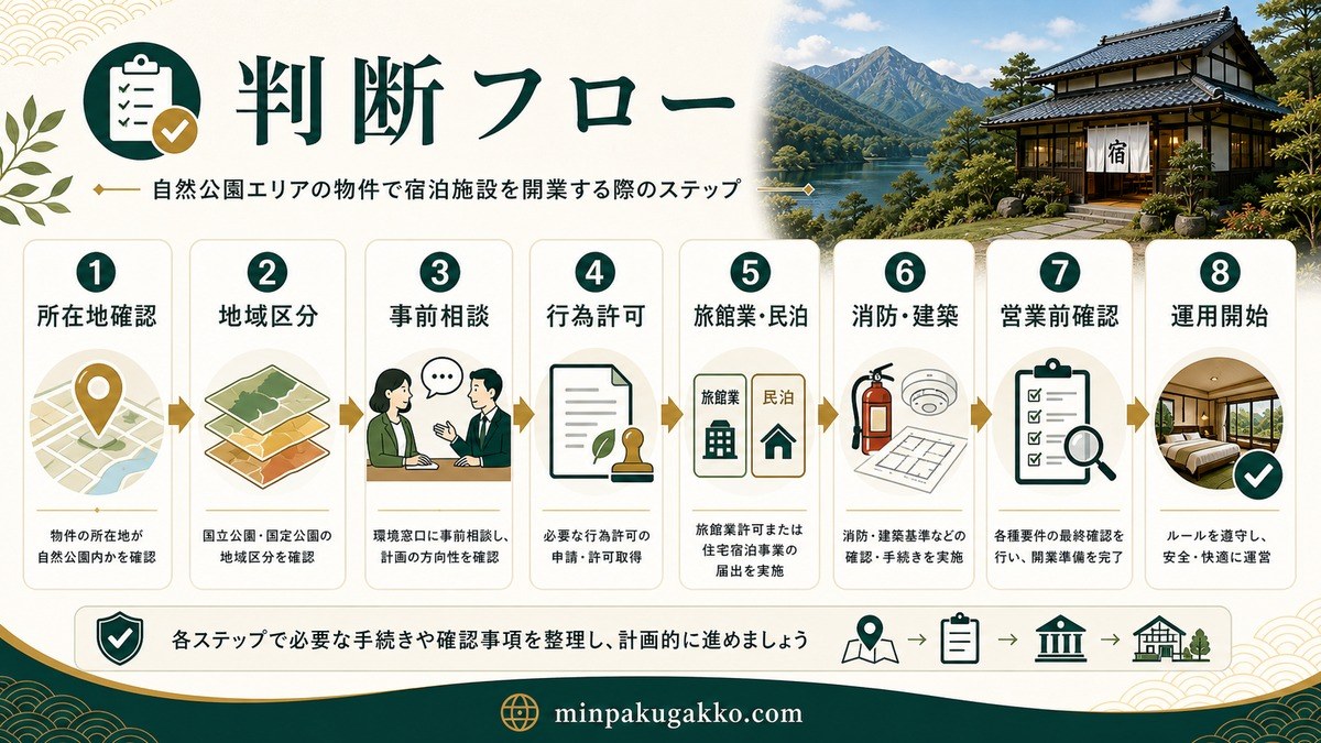 自然公園エリアの物件で所在地確認・地域区分・事前相談・行為許可申請・旅館業民泊手続き・消防建築・営業開始を確認するフロー