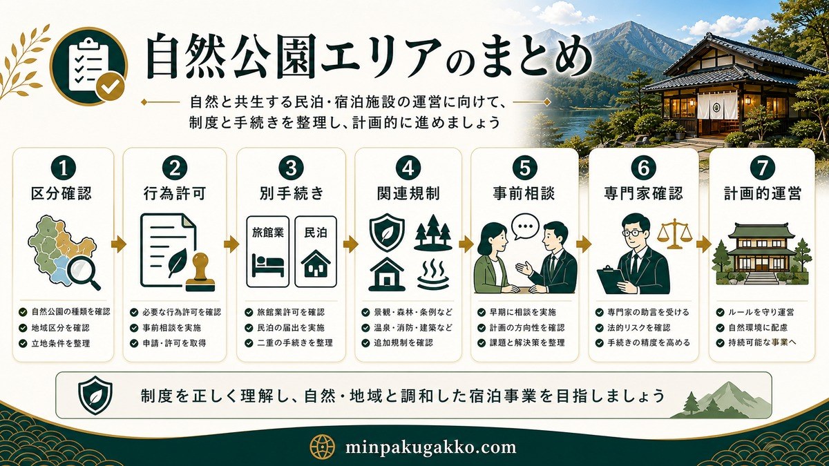 自然公園エリアの民泊開業で区域確認・行為許可・別手続き・関連規制・事前相談・専門家確認をまとめた図