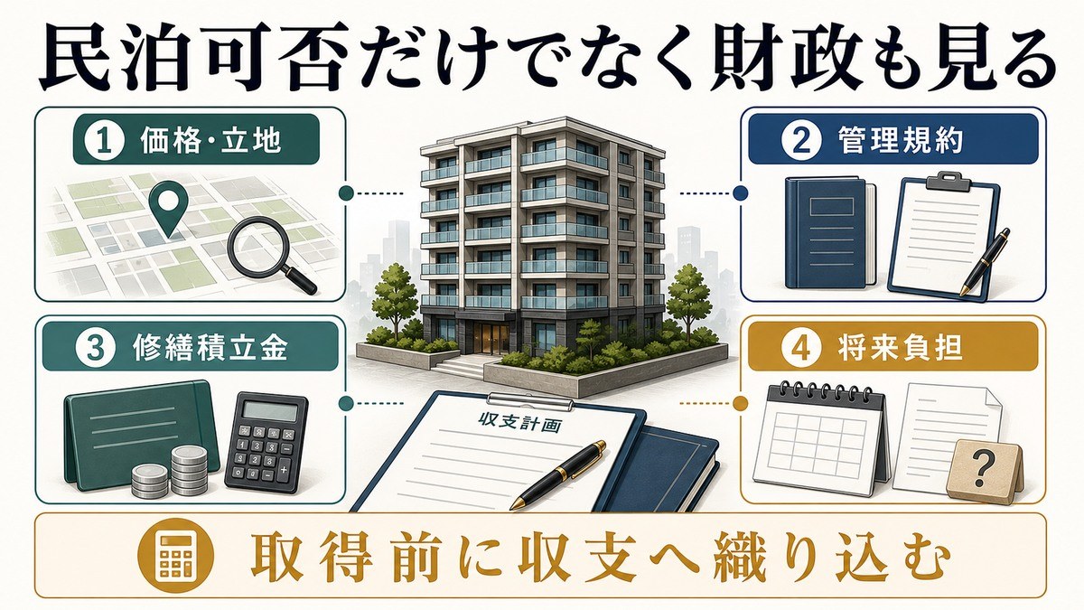 中古マンションを民泊・賃貸に——「修繕積立金」の財政デューデリの要点を整理した図解