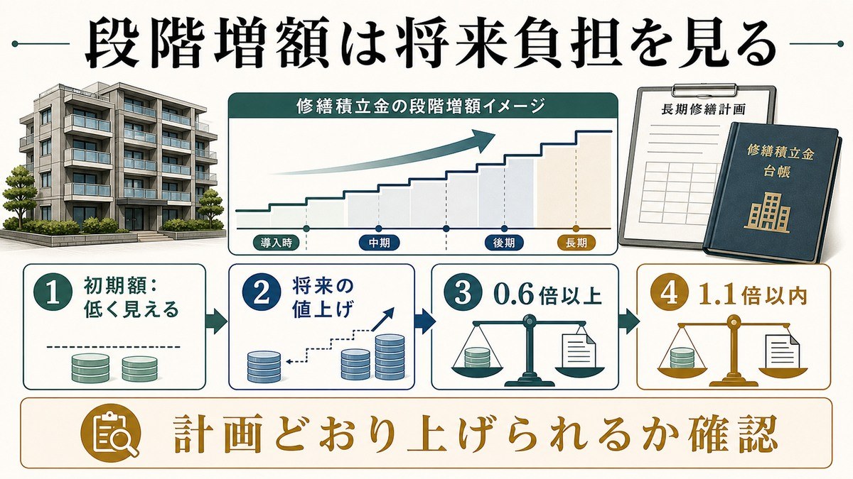 段階増額方式の落とし穴——初期0.6倍・最終1.1倍の考え方の要点を整理した図解