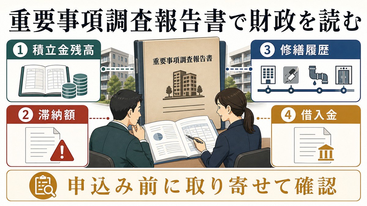 取得前に読む「重要事項調査報告書」——残高・滞納・履歴の要点を整理した図解